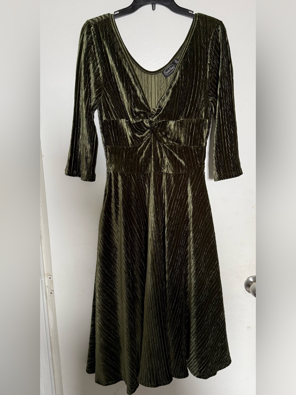 Voodoo Vixen Olive Green Velvet Twist-Front Long Sleeve Dress